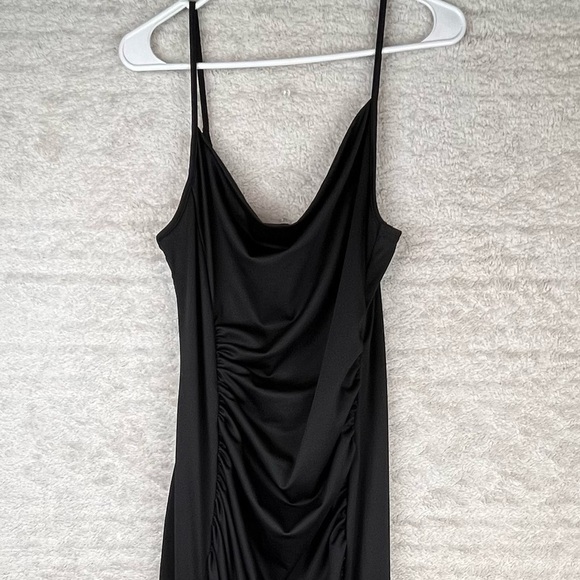 Slinky Black Ruched Dress Cowl Neck Maxi Medium Adjustable Spaghetti Straps - Picture 2 of 16